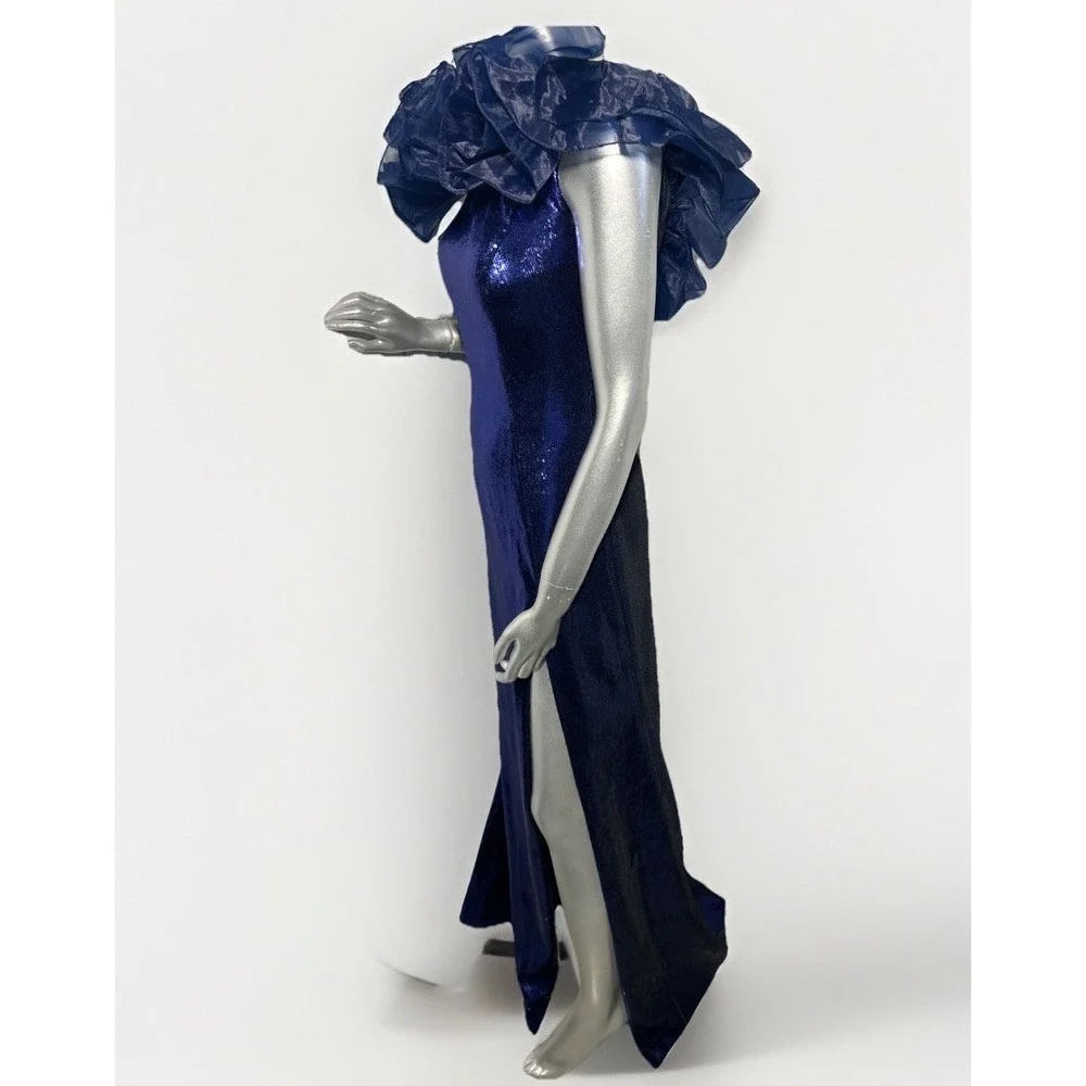 Sherri Hill 55328 Navy Blue Sequin Off-The-Shoulder Ruffle Gown – Size 00